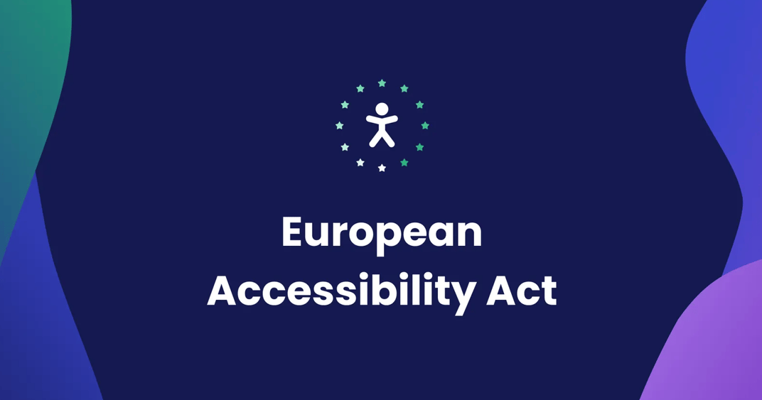 Accessibility icon encircled by stars above the text “European Accessibility Act” on a dark background with green and purple abstract shapes