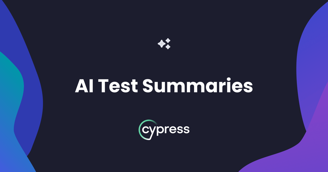 Image with 'AI Test Summaries' text with Cypress logo on dark background framed by abstract colored shapes