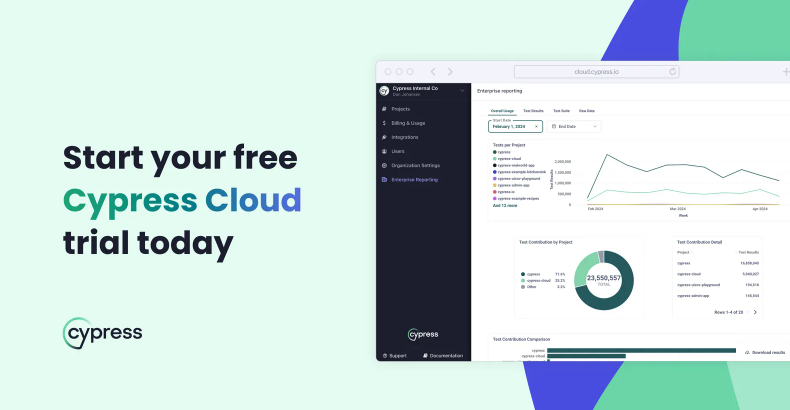 Light mint banner with the text “Start your free Cypress Cloud trial today” beside a screenshot of the Cypress Cloud dashboard, accented by green and blue abstract shapes