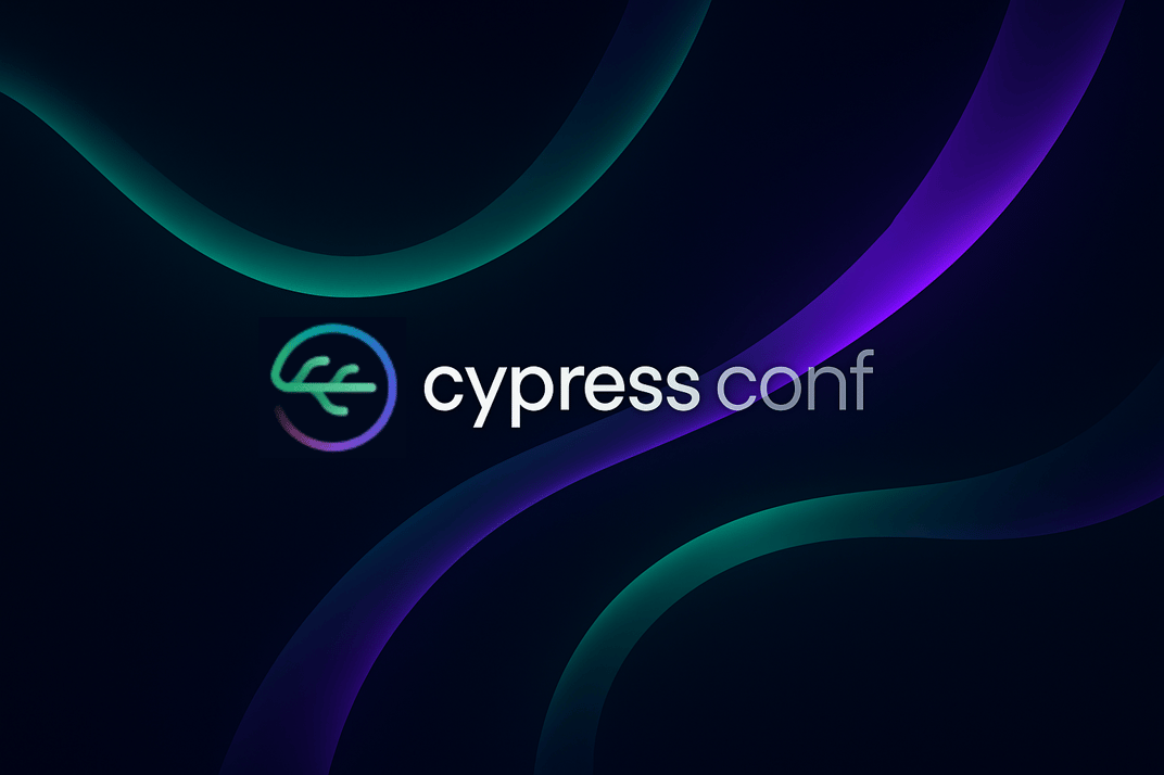 Cypress Conf logo over a dark background with teal and purple wavy light trails