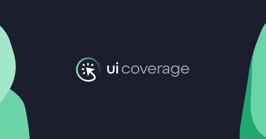 Visual branding for Cypress UI Coverage. The image shows a cursor click icon inside a green circle, followed by the text ‘ui coverage’ in white and gray on a dark background with green abstract wave shapes on the sides.